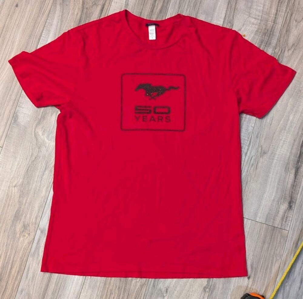 Ford Mustang 50 Years T-Shirt Men's Medium Red Blueprint Los Angeles Made In USA